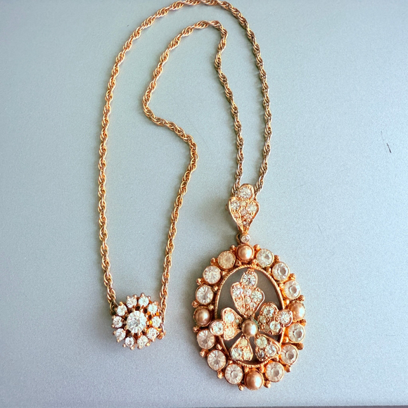 Vintage HOBE Gold Pansy Flower Rhinestone Pearl Pendant Necklace Circa 1940's - Picture 1 of 6
